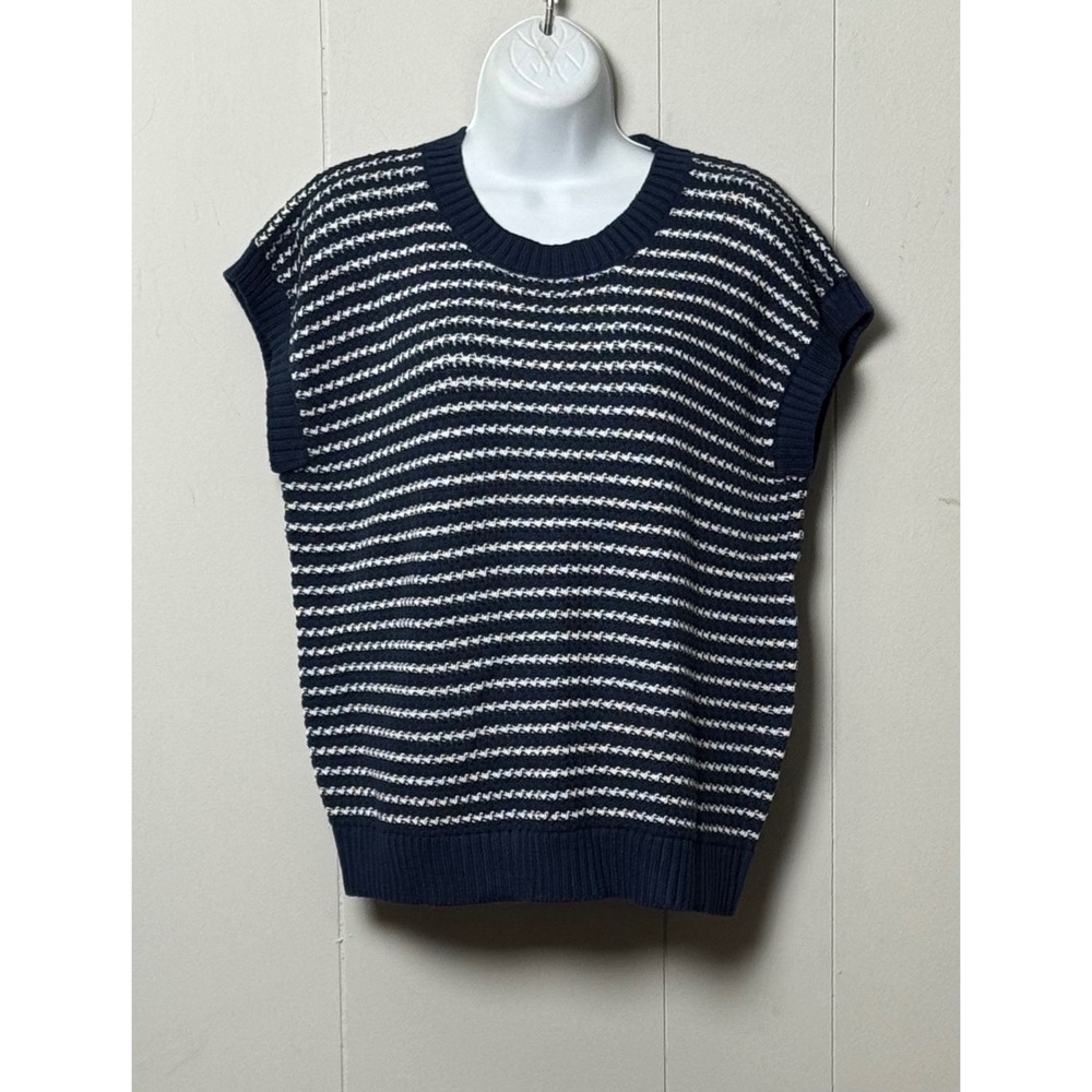 Evaless Navy Blue White Striped Sweater Vest Sleeveless Knit Top Size Medium